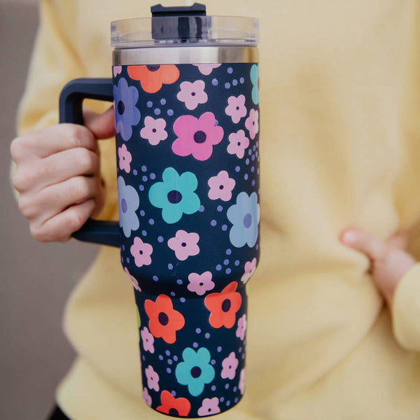 Navy Daisy Tumbler Cup with Handle: Navy