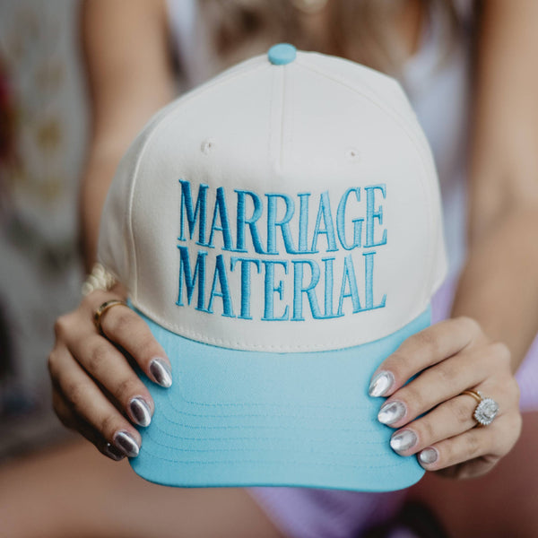 Marriage Material Two-Toned Trucker Hats For Women: Aqua and Tan