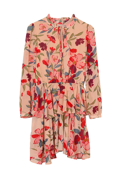 Fiery Red Frilled Collar Long Sleeve Floral Dress