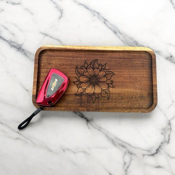 Flower Engraved wood acacia tray