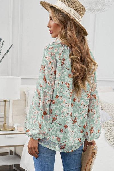 Green Floral Print V Neck Long Puff Sleeve Top