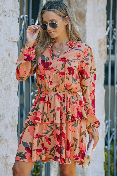 Fiery Red Frilled Collar Long Sleeve Floral Dress