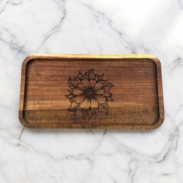 Flower Engraved wood acacia tray