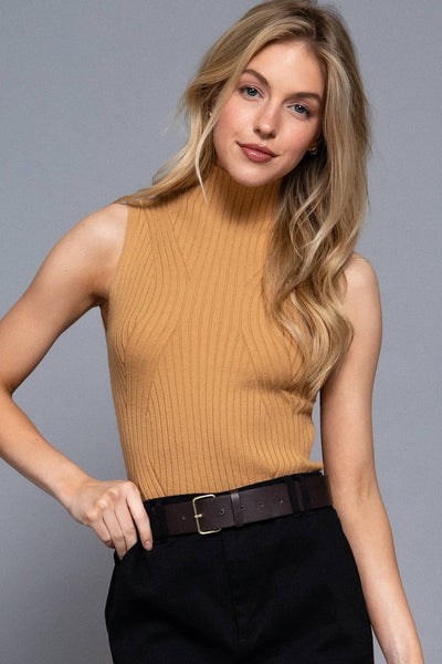 Sleeveless High Neck Rib Sweater Top