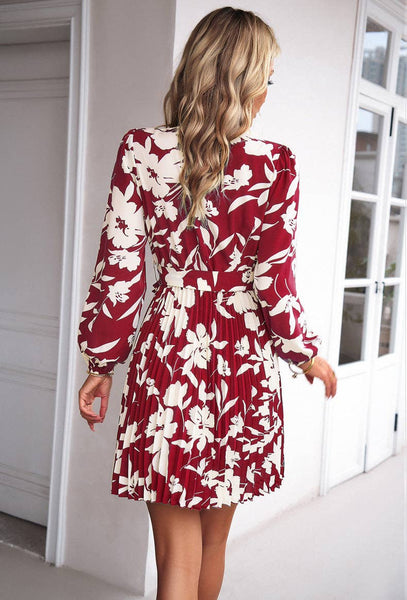 Red Long-Sleeved Floral Print Ruffled Short Dress