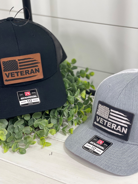 Adult Distressed Veteran Patch Snapback Hat: Black & Black / Chestnut