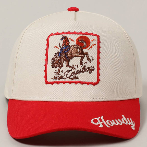 Detailed Cowboy Horse Embroidery Two-Tone Cap: Red / ONE SIZE