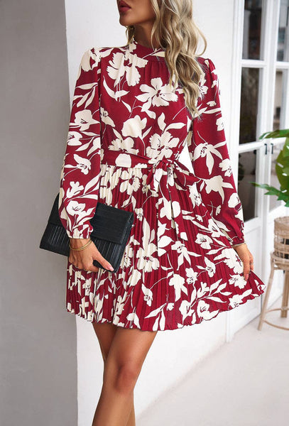 Red Long-Sleeved Floral Print Ruffled Short Dress