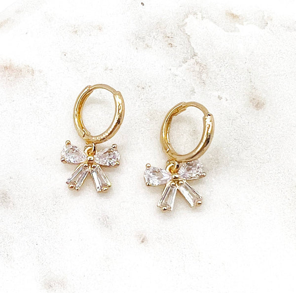 Bow CZ Sparkle Cubic Zirconia Gem Huggie Hoops Holiday