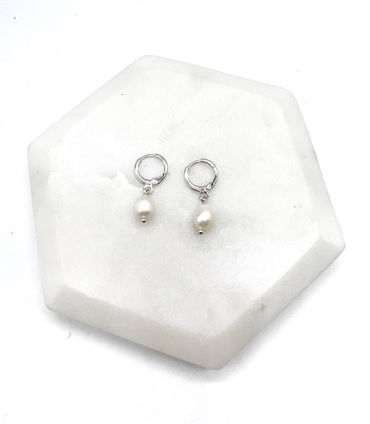 Pearl Silver Huggie Hoops Earrings