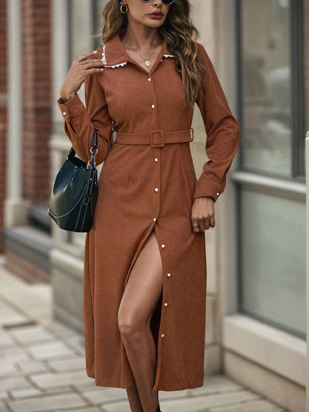 Corduroy Belted Shirt Dress with Lace Collar