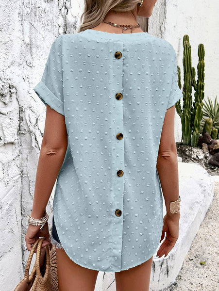 V-Neck Ruffled Short-Sleeve Flowy Button-Back Shirt