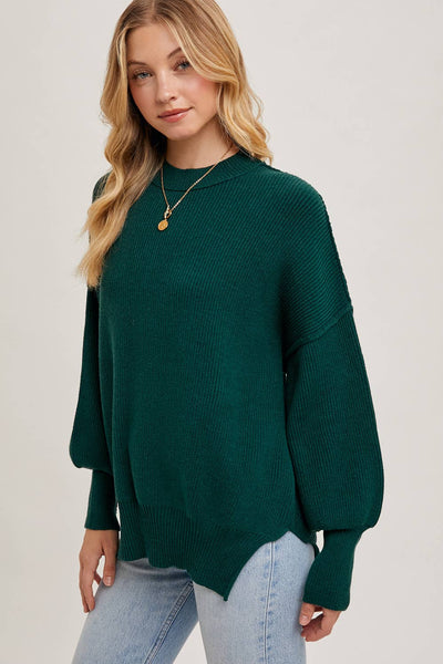 RIBBED MOCK NECK PULLOVER: HUNTER GREEN