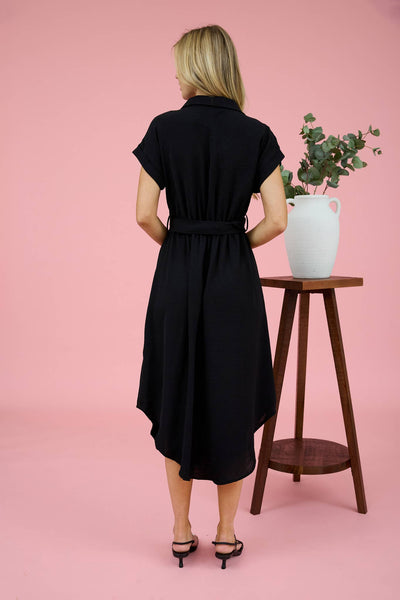 COLLARED BUTTON DOWN BELTED MIDI DRESS