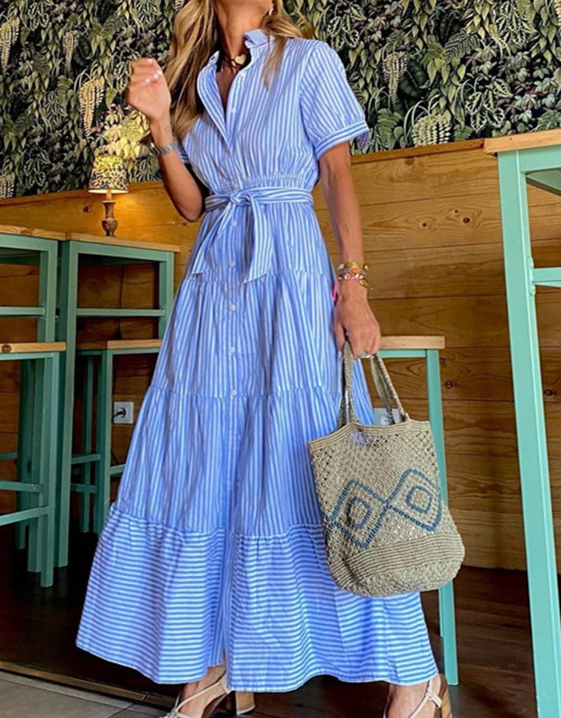Fashion Striped Short Sleeved Loose Long Dress