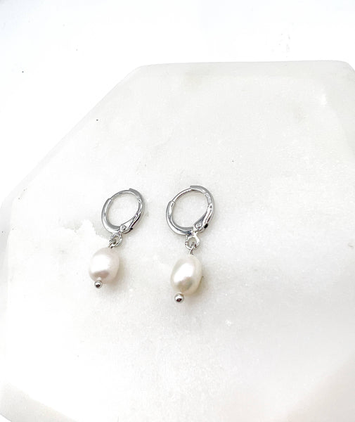 Pearl Silver Huggie Hoops Earrings