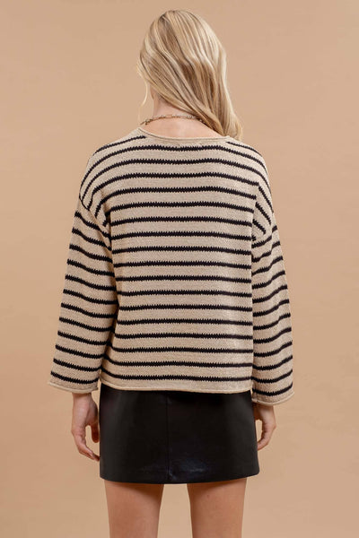 STRIPE BOAT NECK DROP SHOULDER KNIT SWEATER