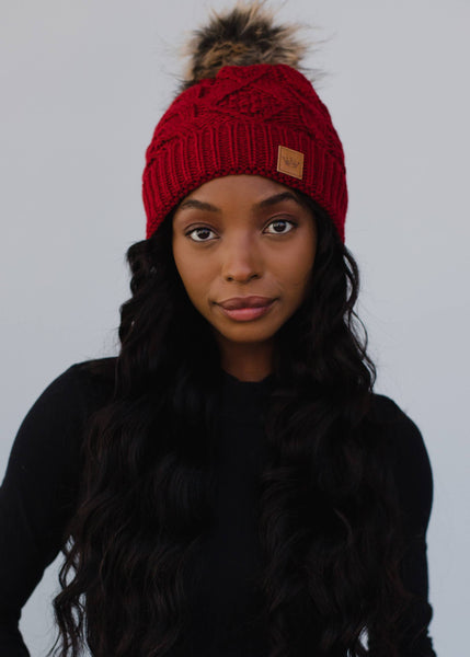 Dark Red Cable Knit Pom Hat
