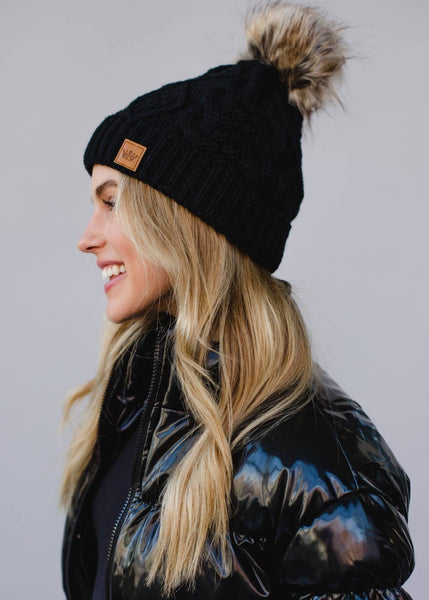 Black Cable Knit w/ Natural Pom Hat
