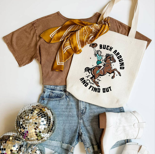 Buck Around and Find Out Western Tote Bag, Shoulder Bag: Cotton