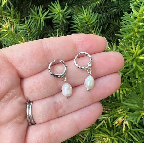 Pearl Silver Huggie Hoops Earrings