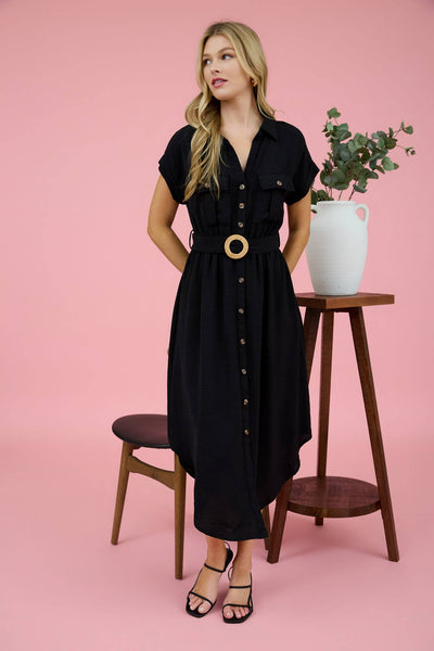 COLLARED BUTTON DOWN BELTED MIDI DRESS