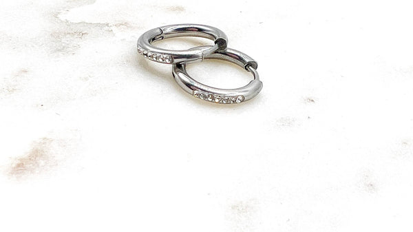 Silver Stainless Steel Gunmetal CZ Huggie Hoop Earrings