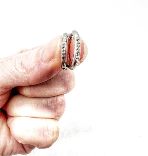 Silver Stainless Steel Gunmetal CZ Huggie Hoop Earrings