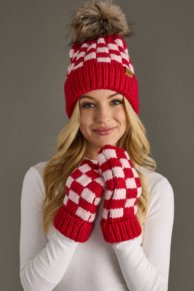 Red & Pink Checkered Pom Hat