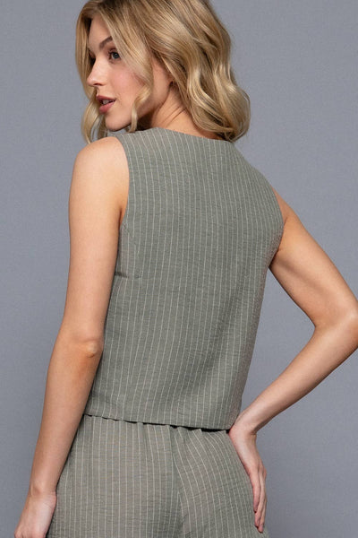 V-Neckline Front Button Closure Linen Effect Vest