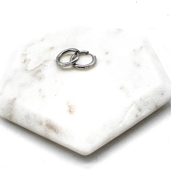 Silver Stainless Steel Gunmetal CZ Huggie Hoop Earrings