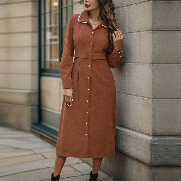 Corduroy Belted Shirt Dress with Lace Collar