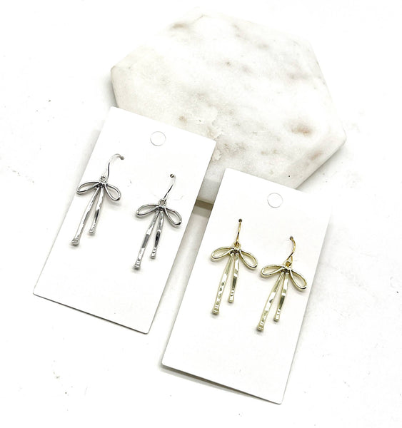 Silver Metal Long Bow Earrings