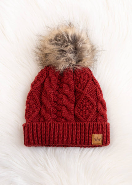 Dark Red Cable Knit Pom Hat