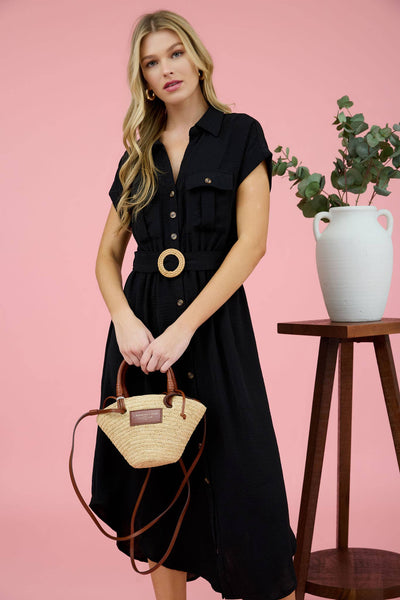COLLARED BUTTON DOWN BELTED MIDI DRESS
