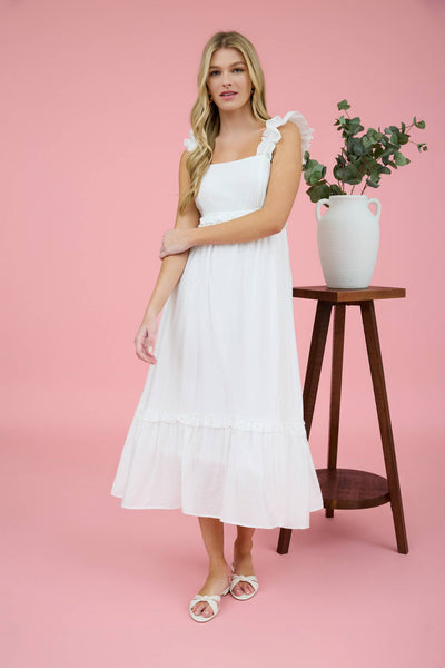 RUFFLE DETAIL EMPIRE WAIST SLEEVELESS MIDI DRESS WHITE