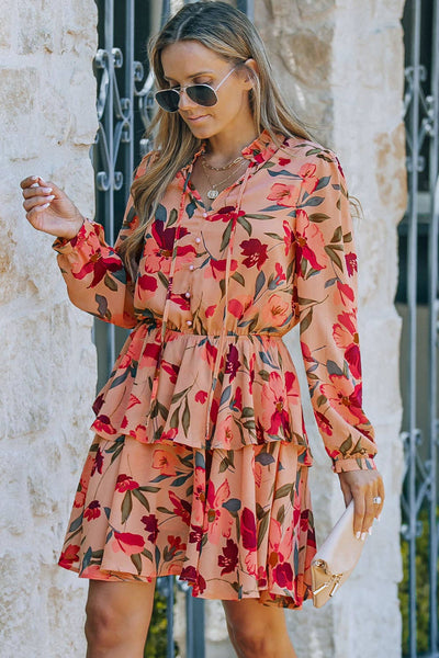 Fiery Red Frilled Collar Long Sleeve Floral Dress