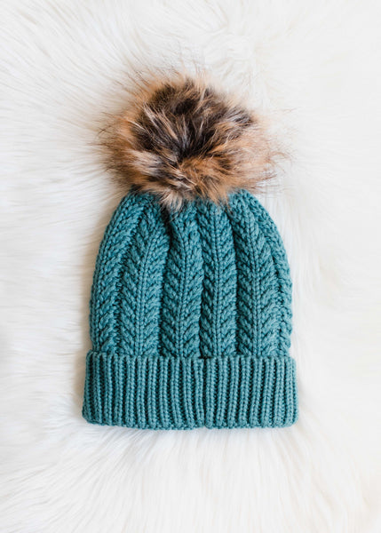Blue Cable Knit Pom Hat