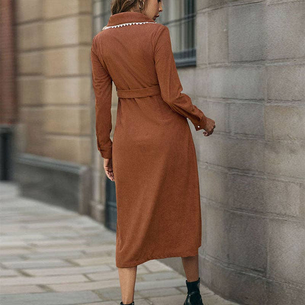 Corduroy Belted Shirt Dress with Lace Collar