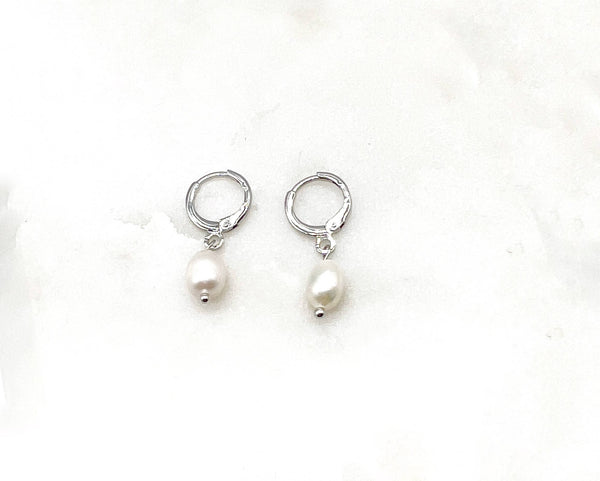 Pearl Silver Huggie Hoops Earrings