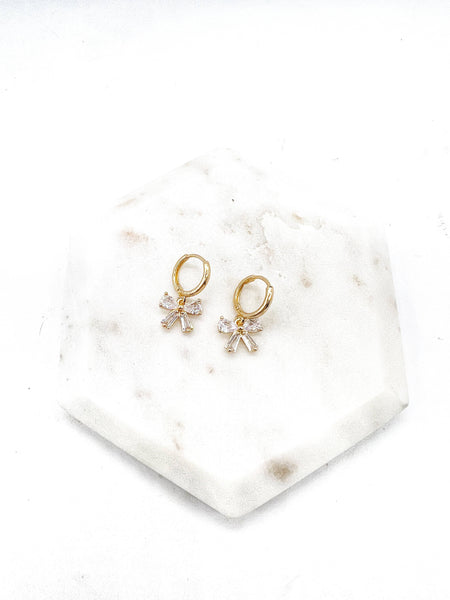 Bow CZ Sparkle Cubic Zirconia Gem Huggie Hoops Holiday