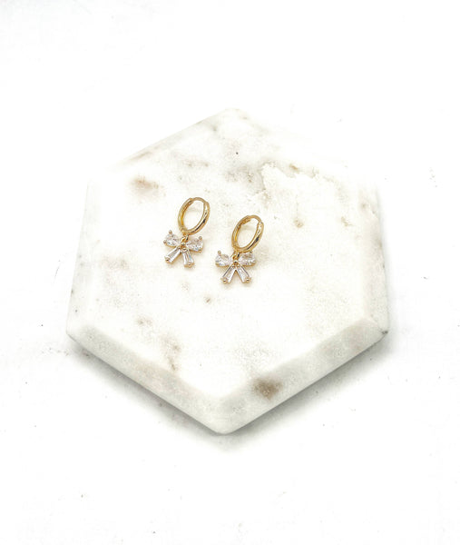 Bow CZ Sparkle Cubic Zirconia Gem Huggie Hoops Holiday
