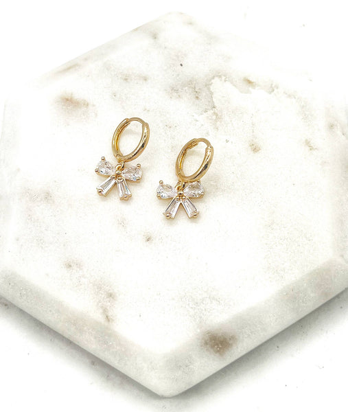 Bow CZ Sparkle Cubic Zirconia Gem Huggie Hoops Holiday