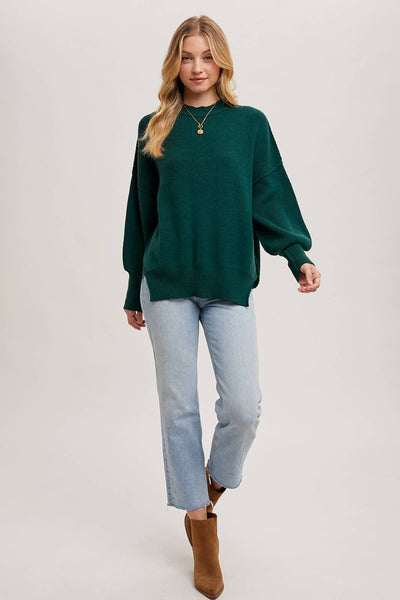 RIBBED MOCK NECK PULLOVER: HUNTER GREEN