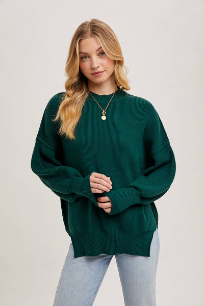 RIBBED MOCK NECK PULLOVER: HUNTER GREEN