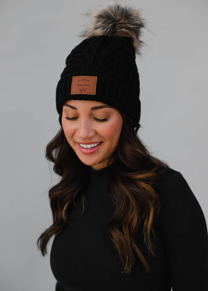 Black Cable Knit Pom Hat w/ Coffee Weather Patch