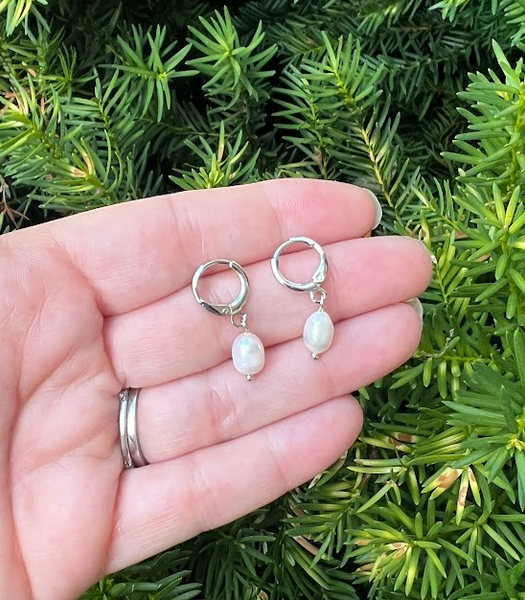 Pearl Silver Huggie Hoops Earrings