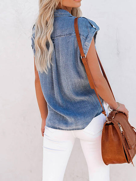 Short Sleeved Denim Shirt: Blue