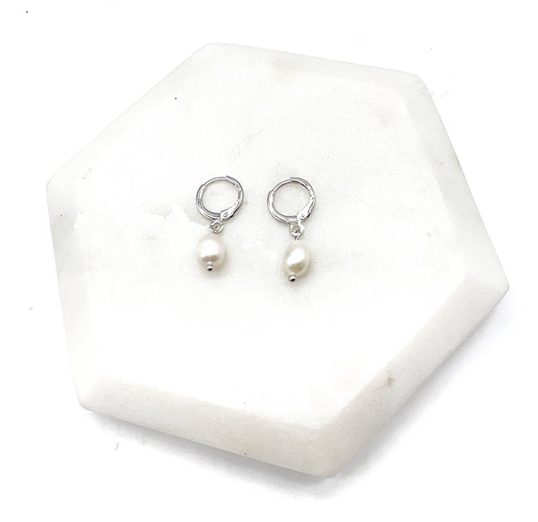 Pearl Silver Huggie Hoops Earrings