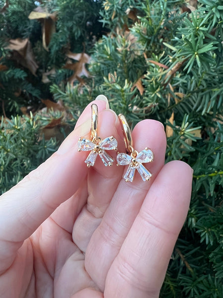 Bow CZ Sparkle Cubic Zirconia Gem Huggie Hoops Holiday